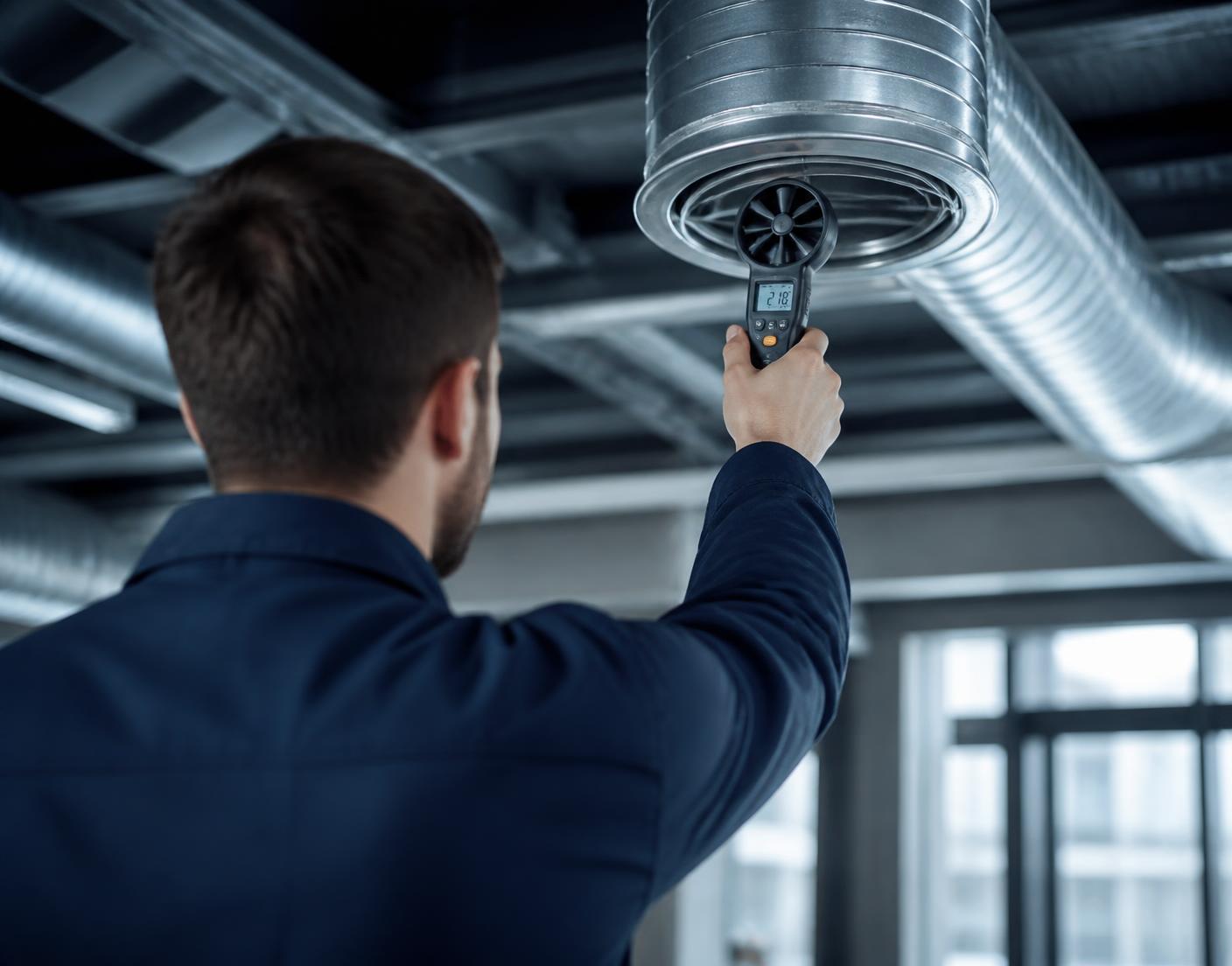 Ventilatsiooni spetsialist mõõdab õhuvoolu anemomeetriga