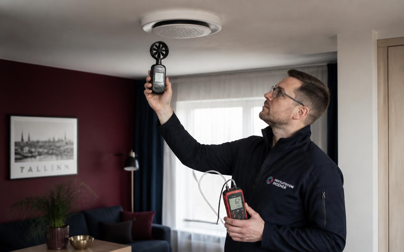 Ventilatsiooni spetsialist mõõdab õhuvoolu anemomeetriga